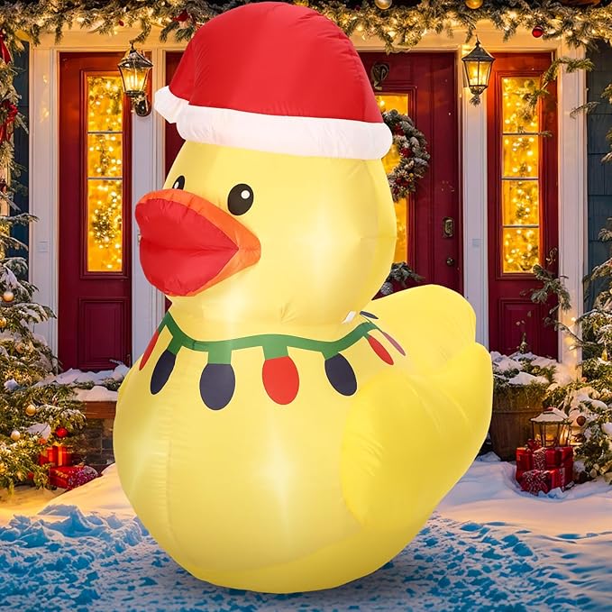 Leyndo 1 Set 5FT Christmas Inflatables Decoration Outdoor Inflatables Duck with Build-in LEDs Lights Giant Blow up Duck Wear Classic Christmas Hat for Mall Garden Patio Lawn Indoor Party