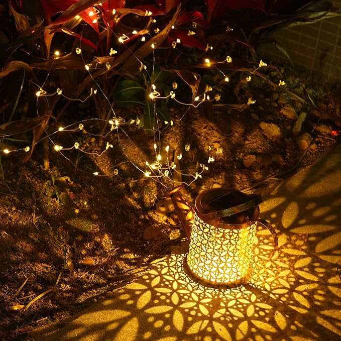 Solar Watering Can with Lights, Small Outdoor Lanterns Hanging Waterproof Garden Decor, Retro Metal Kettle Solar Light for Table Patio Yard Pathway Walkway (with Install String Light)