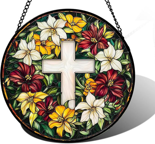 Stained Glass Window Hanging, Cross Flowers Sun Catchers Colorful Glass Panel Christianity Suncatcher Decor for Birthday for Women, Men, Wife, Aunt, and Mom 9.8 in