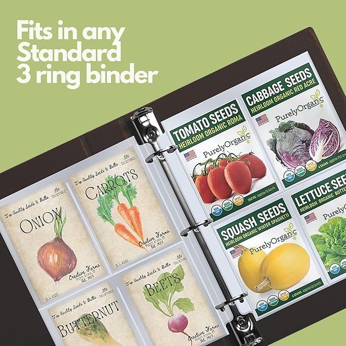 Performore Seed Packet Storage Sleeves 25-Pack | Top-Loading 4-Pocket Binder Pages (Single-Sided) Holds 3.5" x 5.25" Seed Packets | 3-Ring Binder Compatible for Gardeners & Organizers