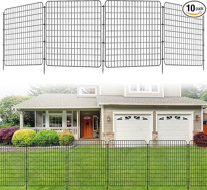 10 Panels Dog Fence Outdoor for Yard, 36 in(H) X 25 ft(L) Decorative Garden Fence Rustproof No Dig Animal Barrier Fencing Metal Wire Panel Border Patio Rabbits Ground Stakes