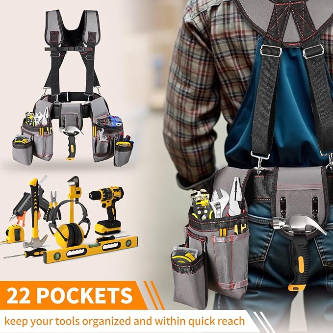 Tool Belt with Suspenders, Professional Tool Belt for Men, 18-Pocket Adjustable Heavy Duty Tool Organizer for Electrician, Carpenter, Framer, Construction Worker, Gray & Orange (32''–66'')