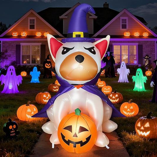 5.0Ft Halloween Inflatables Dog Decorations: Outdoor Vivid Lab Dog with Build-in Bright LED Blow Up Yard Decoration with Witch Hat Halloween Decor for Holiday Party Indoor Garden Lawn Home