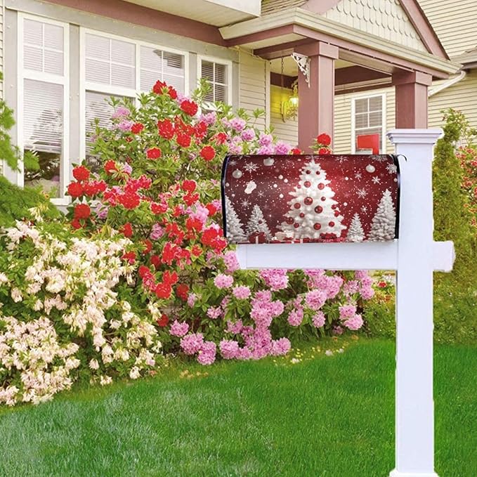 Festive Magnetic Mailbox Cover Red Christmas Tree Pattern Outdoor Mailbox Protector Holiday Seasonal Decorative Garden Yard Home Standard Size 21 x 18 Inch
