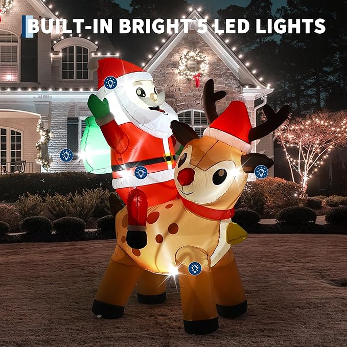 7 ft Outdoor Decorations Christmas Inflatable Santa Riding Reindeer Blow Up Yard Decoration with Built-in LED Lights for Outdoor Garden Lawn Xmas Holiday Decor