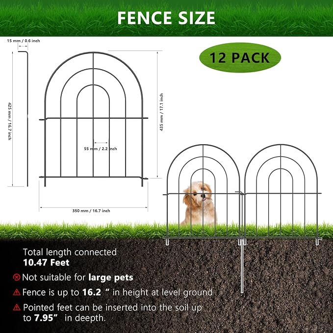 Decorative Garden Fence 17 Inch x 16 Feet, 12 Pack Rustproof Metal No-Dig Fence, Animal Barrier for Dogs, for Patio Outdoor Decoration