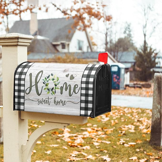 Home Sweet Home Magnetic Mailbox Cover, Spring Leaf Buffalo Plaids Decorative Waterproof Mailbox Wrap Letter Post Cover for Garden Yard Outdoor Outside, 21x18in Standard Size