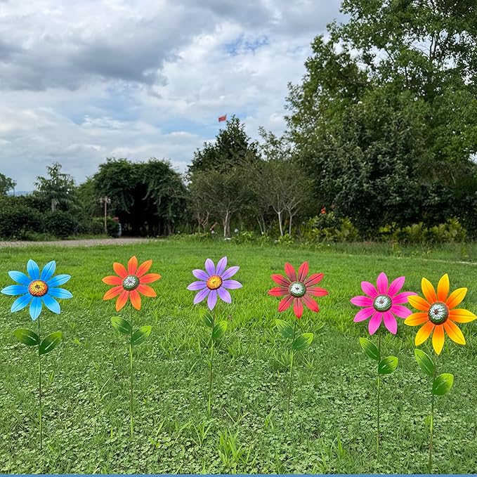 Metal Garden Flower Stakes, Outdoor Yard Art Decorations, 16.5 inch Height, Set of 6 Colorful Daisies (Angular Petals)
