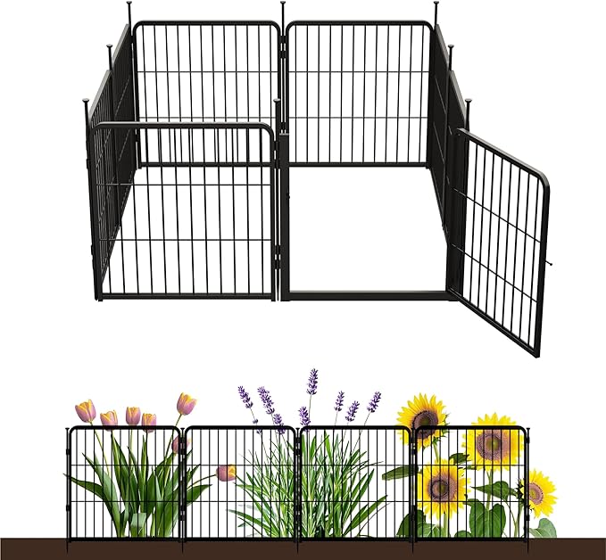 SunsGrove Garden Fence with Gate, 24 in(H) x 14.8 ft(L) 8 Panels Heavy Duty Metal Animal Barrier Fence for Yard, Suitable for Indoor or Outdoor Dog Pet Fence, Garden Fence Border, Black