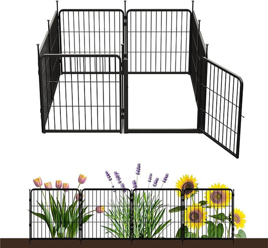 SunsGrove Garden Fence with Gate, 24 in(H) x 14.8 ft(L) 8 Panels Heavy Duty Metal Animal Barrier Fence for Yard, Suitable for Indoor or Outdoor Dog Pet Fence, Garden Fence Border, Black