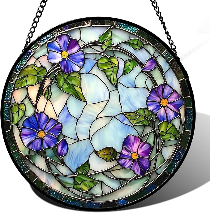 Stained Glass Window Hanging, Purple Morning Glory Flowers Suncatcher for Doors Window Home Plant Sun Catchers Decoration Mother's Day Birthday Gifts for Women, Men, and Mom 15x15 in
