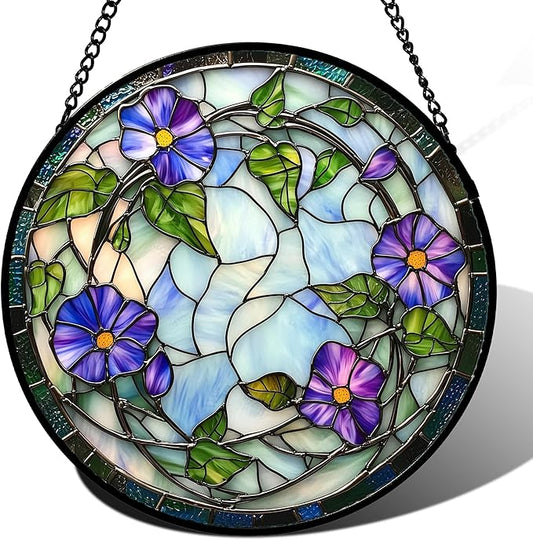 Stained Glass Window Hanging, Purple Morning Glory Flowers Suncatcher for Doors Window Home Plant Sun Catchers Decoration Mother's Day Birthday Gifts for Women, Men, and Mom 15x15 in