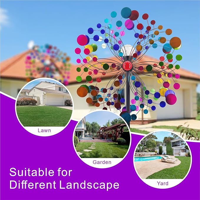 Outdoor Wind Spinner with Garden Stake 88.58" Metal Two-Way Wind Sculptures Solar Color Changing Lights Large Windmills for Garden,Patio,Yard,Lawn Decor Gifts Round