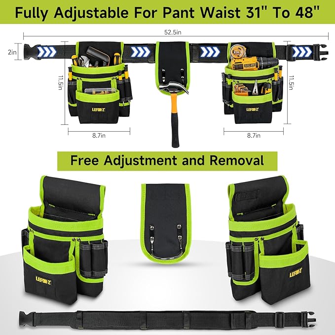 Tool Belt,Magnetic Tool Pouch,27-Pockets Heavy Duty Padded Tool Belts for Men,Detachable & Adjustable Tool Pouch Bag for Electrician,Carpenter,Construction,Work Apron,Utility Belt,Black,Green