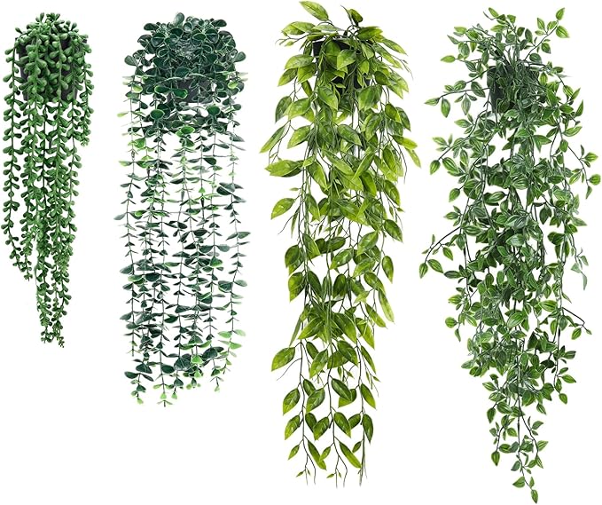 Artificial Hanging Plants for Shelf, 4-Pack Fake Potted Greenery Faux Plant in Pot for Vintage Farmhouse Bathroom Office Desk Wall Bookshelf Room Accessories Décor