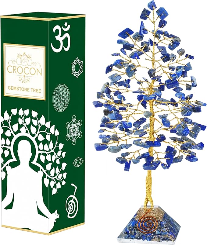 Lapis Lazuli Crystal Tree with Orgone Pyramid Base Blue Desk Decor Healing Crystals Bonsai Tree Blue Gifts for Women Office & Shelf Home Room Decor For Mom Sister Girlfriend Present Housewarming