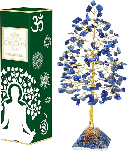 Lapis Lazuli Crystal Tree with Orgone Pyramid Base Blue Desk Decor Healing Crystals Bonsai Tree Blue Gifts for Women Office & Shelf Home Room Decor For Mom Sister Girlfriend Present Housewarming
