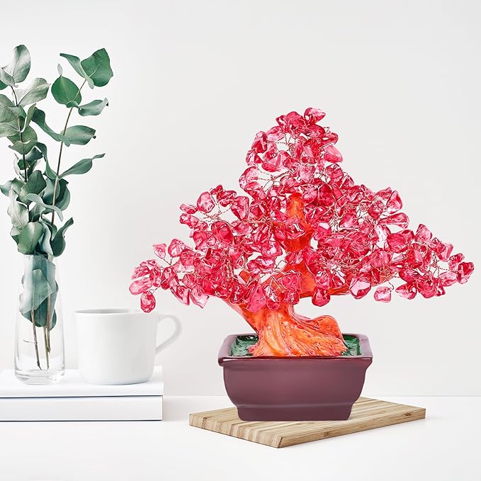 Feng Shui Quartz Crystal Money Tree Bonsai Style Decoration for Luck and Wealth (Red)