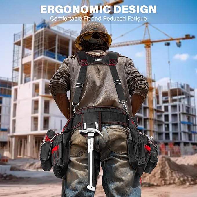 HAUTMEC Professional Tool Belt with Suspenders, 19 Pockets, Heavy-Duty 1680D Work Belt with Adjustable Padded Waist & Shoulder Support, Phone Pouch, Hammer & Tape Holder – HT0400