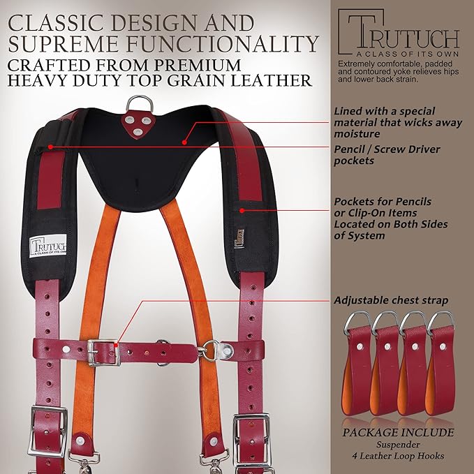 Leather Work Suspenders With Pockets | Fully-Adjustable Padded Leather Tool Belt Suspenders