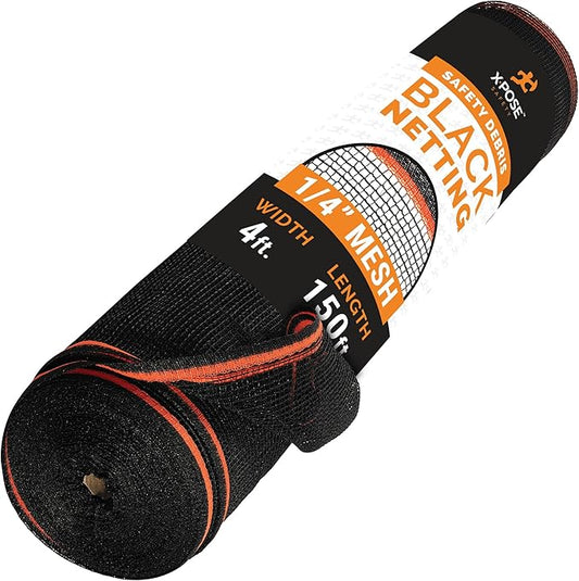 Xpose Safety Construction Safety Debris Netting - 150 Ft Temporary Material Roll, 1/4" Mesh Scaffold Net Enclosure, Visibility Barrier, Fencing Roll, Heavy Duty Fire Retardant 4 ft x 150 ft, Black