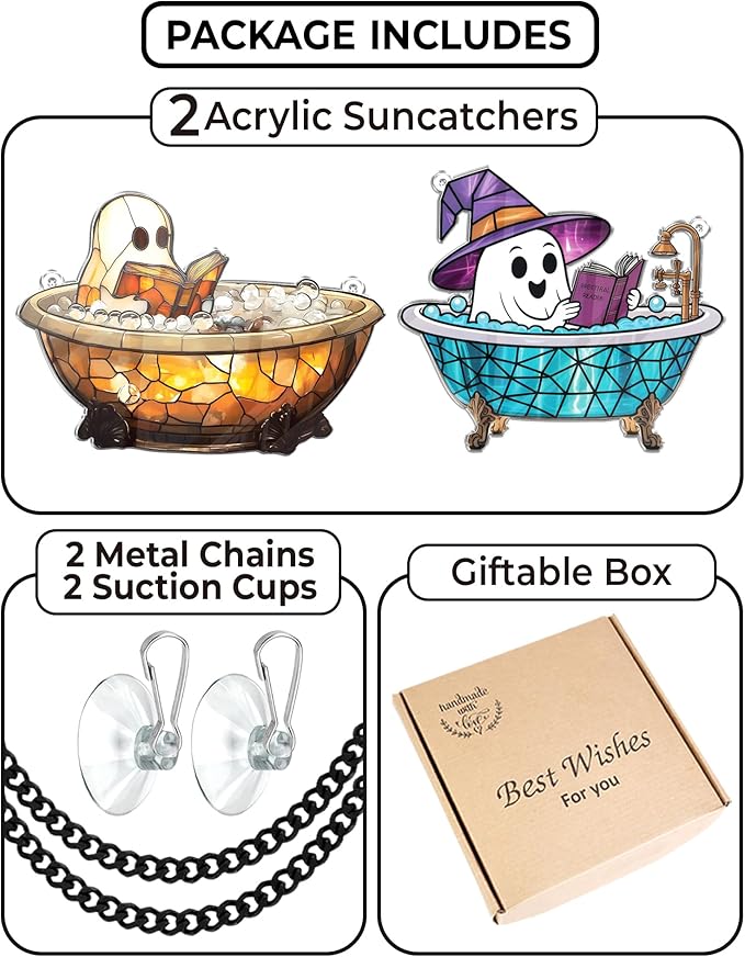 2 Boo Bathtub Acrylic Suncatchers, Gothic Cute Ghost Reading Book Window Hanging Ornaments, Halloween Horror Home Decor Witch Handmade Wall Art, Gift for Women Mom Friends Family