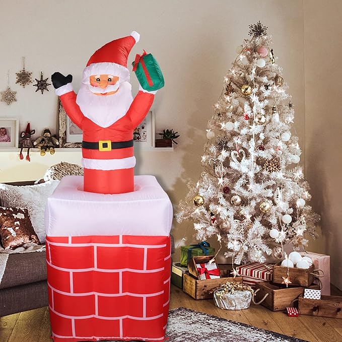 VCUTEKA Christmas Inflatables Outdoor Decorations, Inflatable Christmas Santa Claus in Chimney Blow Up Yard Decorations with LED Lights for Holiday and Garden Lawn Winter Decor