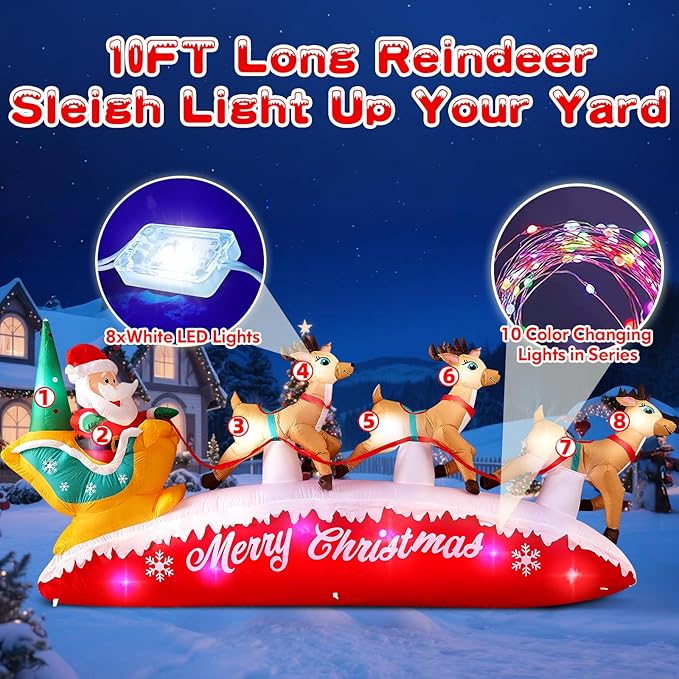 10FT Long Christmas Inflatables Santa Claus with Reindeer Sleigh Outdoor Decorations, Build-in Rotating Colorful LEDs Santa Blow up Yard Decoration for Holiday Xmas Party Indoor Lawn Christmas Eve