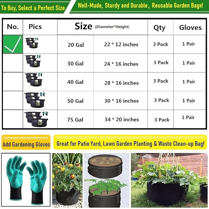 3-Pack 20 Gallon Thickened Plant Grow Bags Large (22x12 in) Heavy Duty Garden Bag Fabric Plant Pots for Tomato,Potato Planter,Flower Pots,Herbs Veggies Planting,Barrel Planter,Yard Waste Bag,Leaf Bags