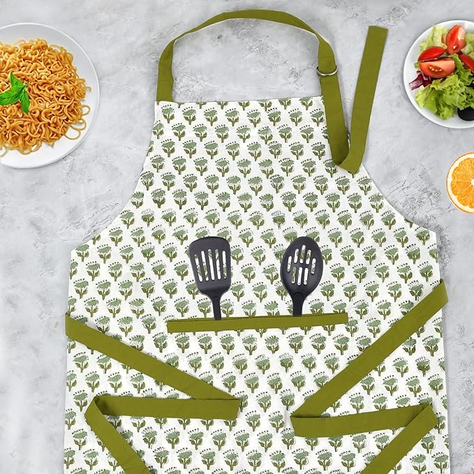 CPC Cotton Floral Kitchen Apron for women with Pocket and Adjustable Neck Ties. Apron for Women Men Chef-Hand Block Printed