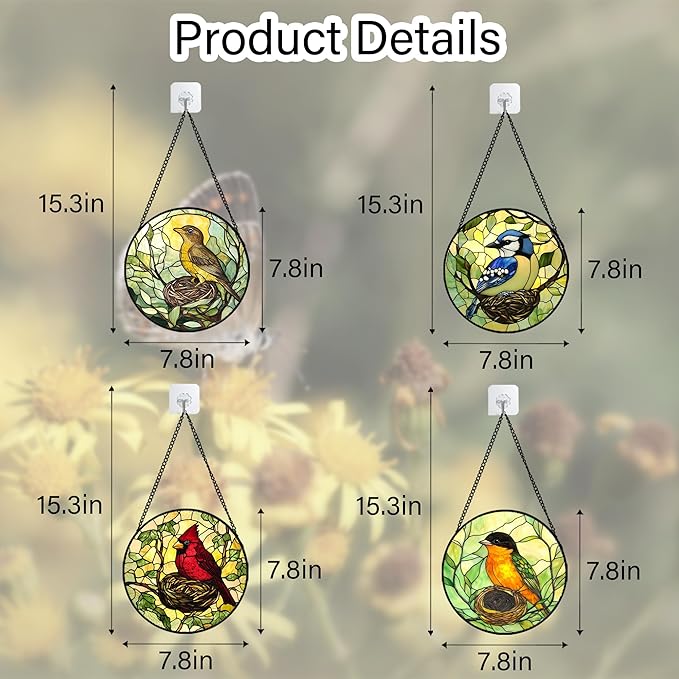 Stained Glass Window Hanging 4 Pcs Set Bird Theme On Branch 7.8" - Cardinal Suncatcher Door Garden Sun Catcher Decor Birthday Christmas for Mom Woman Nana Men