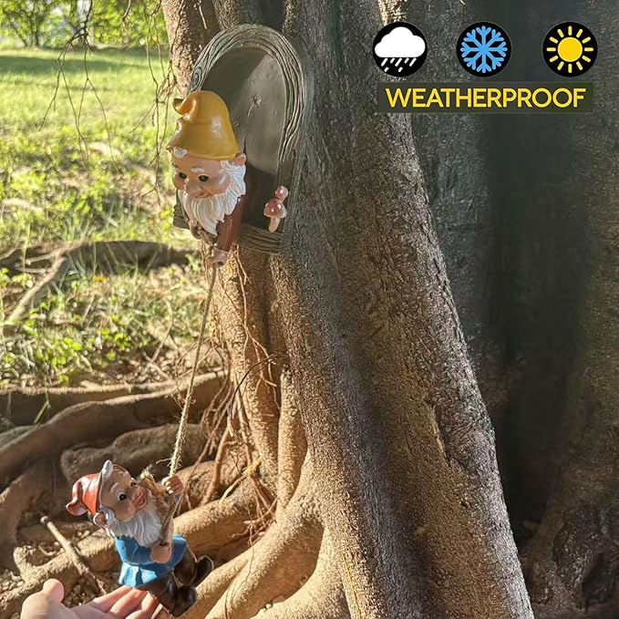 Garden Gnome Statue, Funny Resin Dwarf Sculpture for Lawn Patio Climbing Tree Decor Outdoor (Gnome-B)