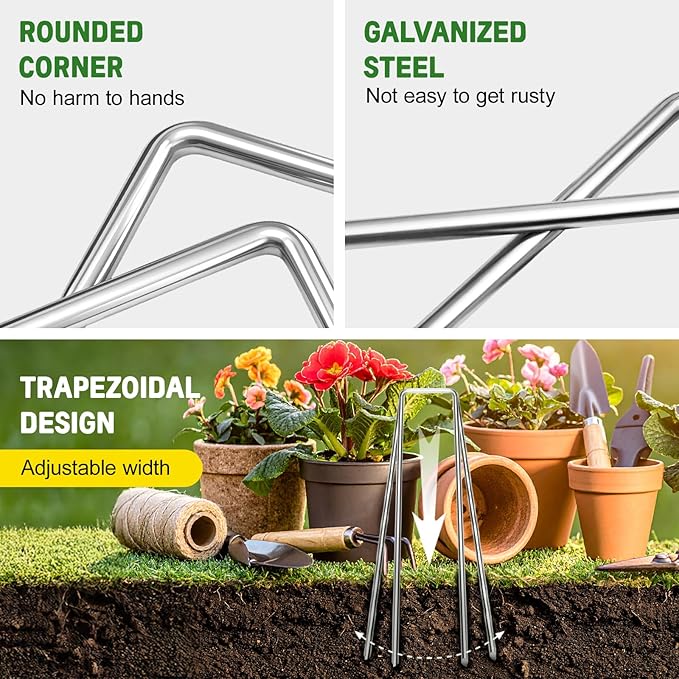 6 Inch Heavy Duty Galvanized Garden Staples, 11 Gauge Landscape Fabric Stakes with Adjustable Width for Weed Barrier, Sod, Fencing and Outdoor Decoration (50)
