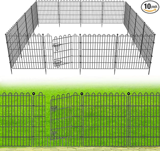 10 Panels No Dig Decorative Garden Fence with Gate for Yard, 24 in(H) X 20 ft(L) Animal Barrier Fencing for Outdoor Dog, Metal Portable Garden Fences for Borders, Pets, Landscape, Temporary Fence