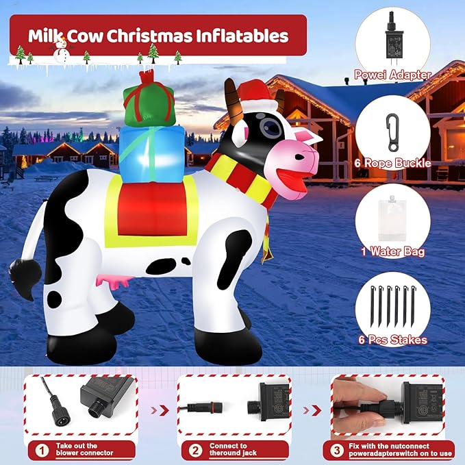 6 FT Outdoor Milk Cow Christmas Inflatables Decorations with Built-in LED Lights, Blow Up for Yard, Roof, Lawn