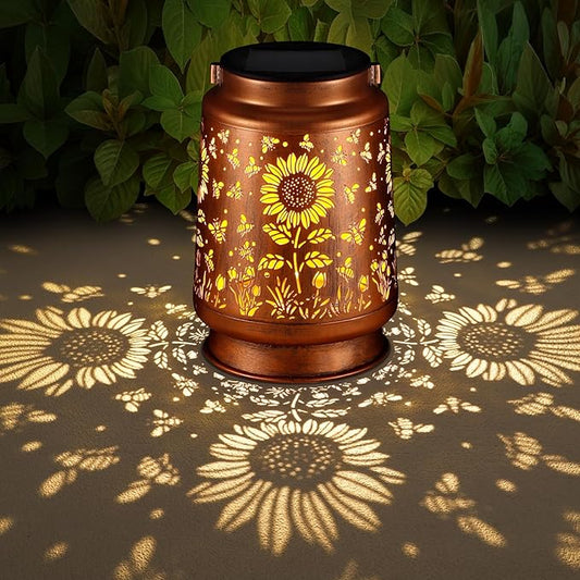 Solar Lantern Outdoor Hanging Waterproof Outside Metal Openwork Hummingbird Pattern Birthday Gifts for Women Mom Landscape Lights for Porch Garden Yard Patio Pathway Decor(Sunflower + Bee)