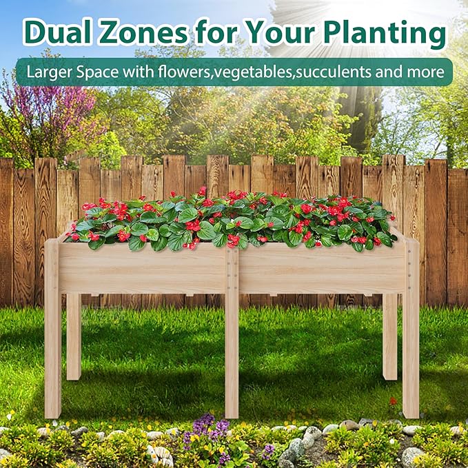 TMEE 6FT Raised Garden Bed with Legs Wooden Elevated Planter Box Stand for Backyard, Patio, Balcony w/Divider Panel, 450lb Capacity, 72x23x30in