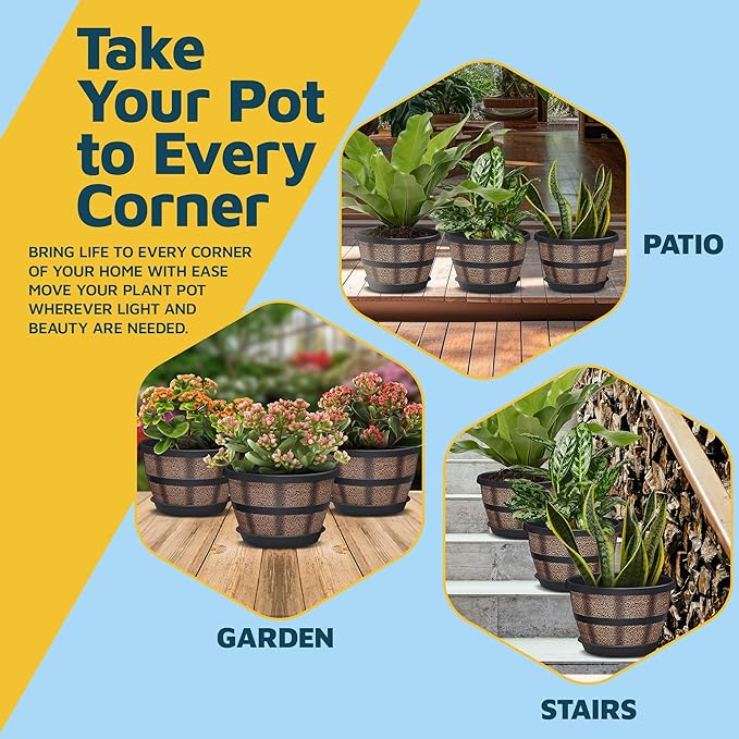10-Inch Whiskey Barrel Planters Outdoor Pack of 5 - Durable Plastic Plant Pots for Indoor & Outdoor Use with Drainage & Saucer, Lightweight Rustic Barrel Planters for Flowers, Herbs & Small Plants