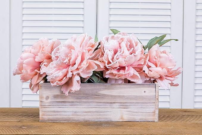 Wood Planter Box Set, Rustic Whitewash, Plastic Liner, 12x4 Inch Rectangular Flower Holder, Natural Wood Decor, Country Style, Home and Wedding Decorations, Garden Ornaments (Set of 4)