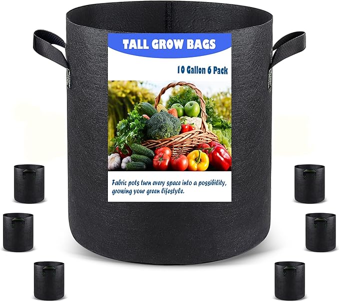 10 US Gallon 6 Pack Tall Grow Bags for Vegetables, Heavy Duty Nonwoven Aeration Fabric Deep Grow Pots with Handles