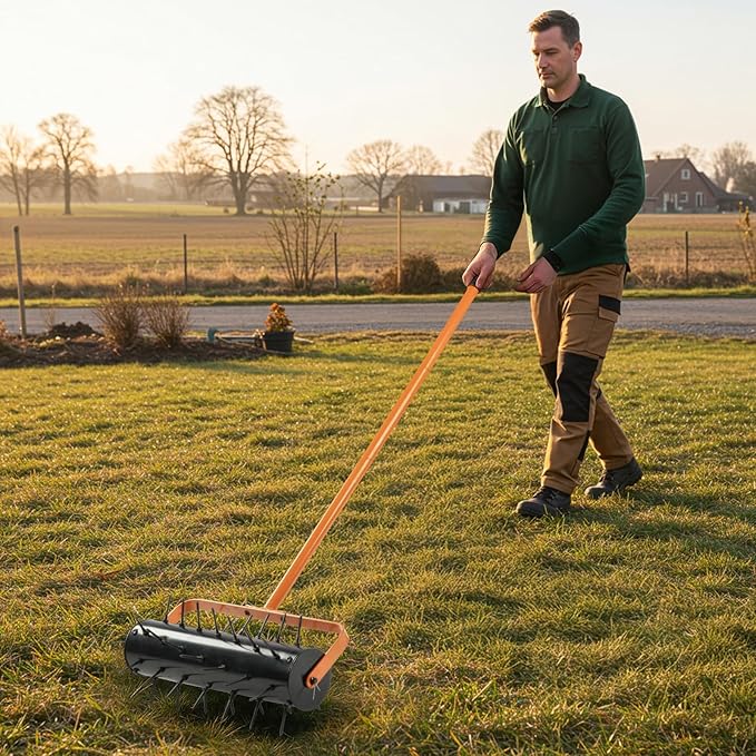 VINGLI Lawn Aerator, 17 inch Heavy Duty Lawn Aerator Tool, Rolling Aerator Lawn Tool with 42 Spikes for Garden Yard Patio Maintaining, Orange & Black