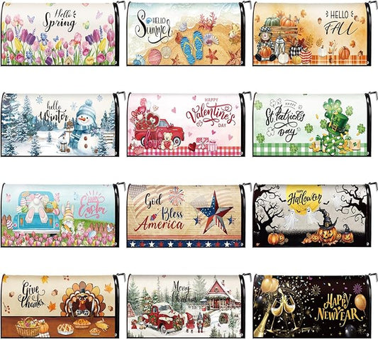 12 Pcs Seasonal Mailbox Covers Magnetic Standard Size 18 x 21 Inch Fall Thanksgiving Winter Christmas Magnetic Mailbox Covers for Garden Yard Outdoor Decor