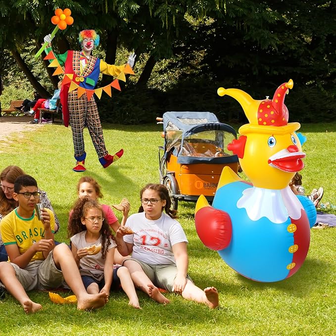 1Pcs 4.6 Feet Giant Inflatable Duck Outdoor Decorations,Huge Blow Up Yard Yellow Duck with Red Blue Clown Cloth Duck Pool Float for Summer Beach Pool Carnival Birthday Party Garden Decor