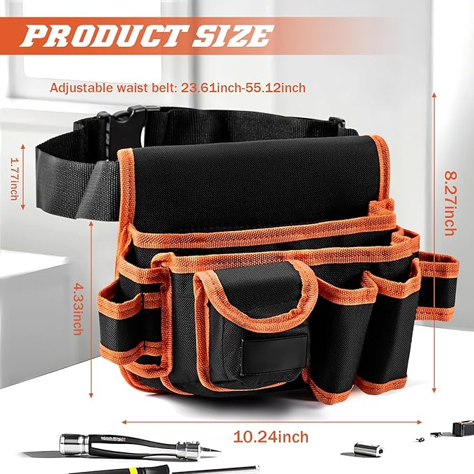 Ultra-Thick Men's Tool Belts Fits Waist 31”to 52” Adjustable Oxford Work Pouch with 15 Durable Pockets, Ideal for Repair & Electrical Work (Red, Extra Large)