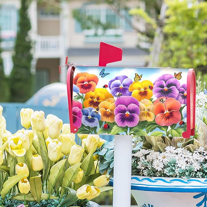 Spring Floral Magnetic Mailbox Cover Flower Mailbox Cover Magnetic Standard Size 21 X 25.5 Inch Butterfly Mailbox Post Cover Mailbox Wraps Mailbox Decor for Home Garden Outdoor Yard