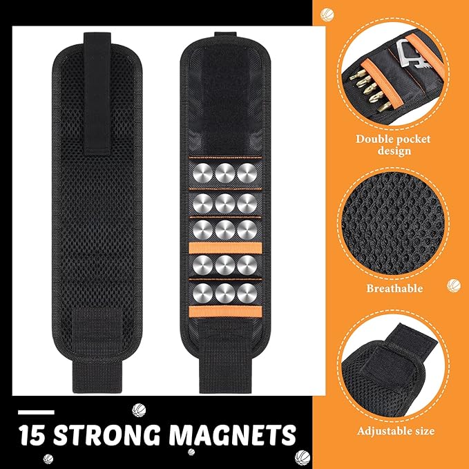 Minatee 12 Pcs Gifts for Christmas Magnetic Wristband Retractable Magnetic Pickup Tool Magnet Wrist Belt Tool Holder with 15 Magnets for Holding Screws Nails Drilling Bits for Men Dad Husband