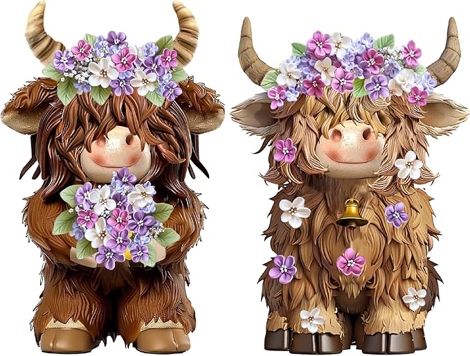 2 Pcs Highland Cow Figurines Lilacs Highland Cow Gnomes Lilacs Decor Resin Statue Calf Lovers Gifts for Farmhouse Home Garden Kitchen Office Tiered Tray Table Decor