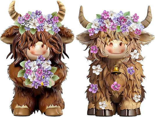 2 Pcs Highland Cow Figurines Lilacs Highland Cow Gnomes Lilacs Decor Resin Statue Calf Lovers Gifts for Farmhouse Home Garden Kitchen Office Tiered Tray Table Decor