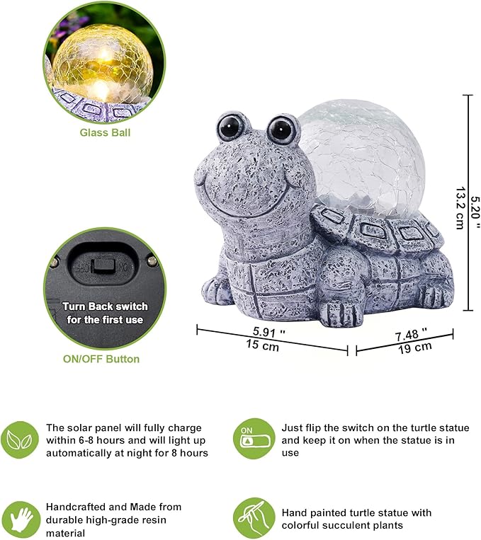 Nacome Solar Turtle Garden Statue Lights: Outdoor Figurine with Glass Ball Lighting Decorations Lawn Ornaments Porch Patio Balcony Yard - Birthday Gifts for Mom Grandma Women(Grey)