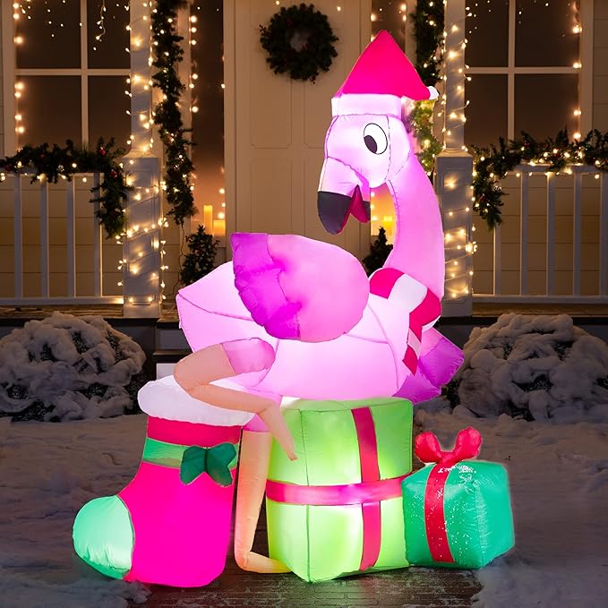 Joiedomi 6 FT Christmas Flamingo with Gift Box Inflatable Decorations with Build-in LEDs Blow Up Elegant Flamingo Inflatables for Xmas Party Indoor, Outdoor, Yard, Garden, Lawn Décor, Holiday Season